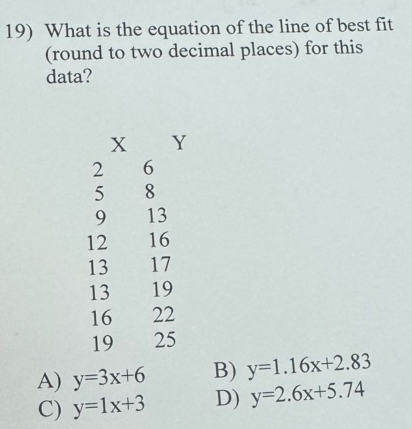 What is the equation of the line of best fit
(round to two decimal places) for this
data?
A) y=3x+6 B) y=1.16x+2.83
C) y=1x+3 D) y=2.6x+5.74