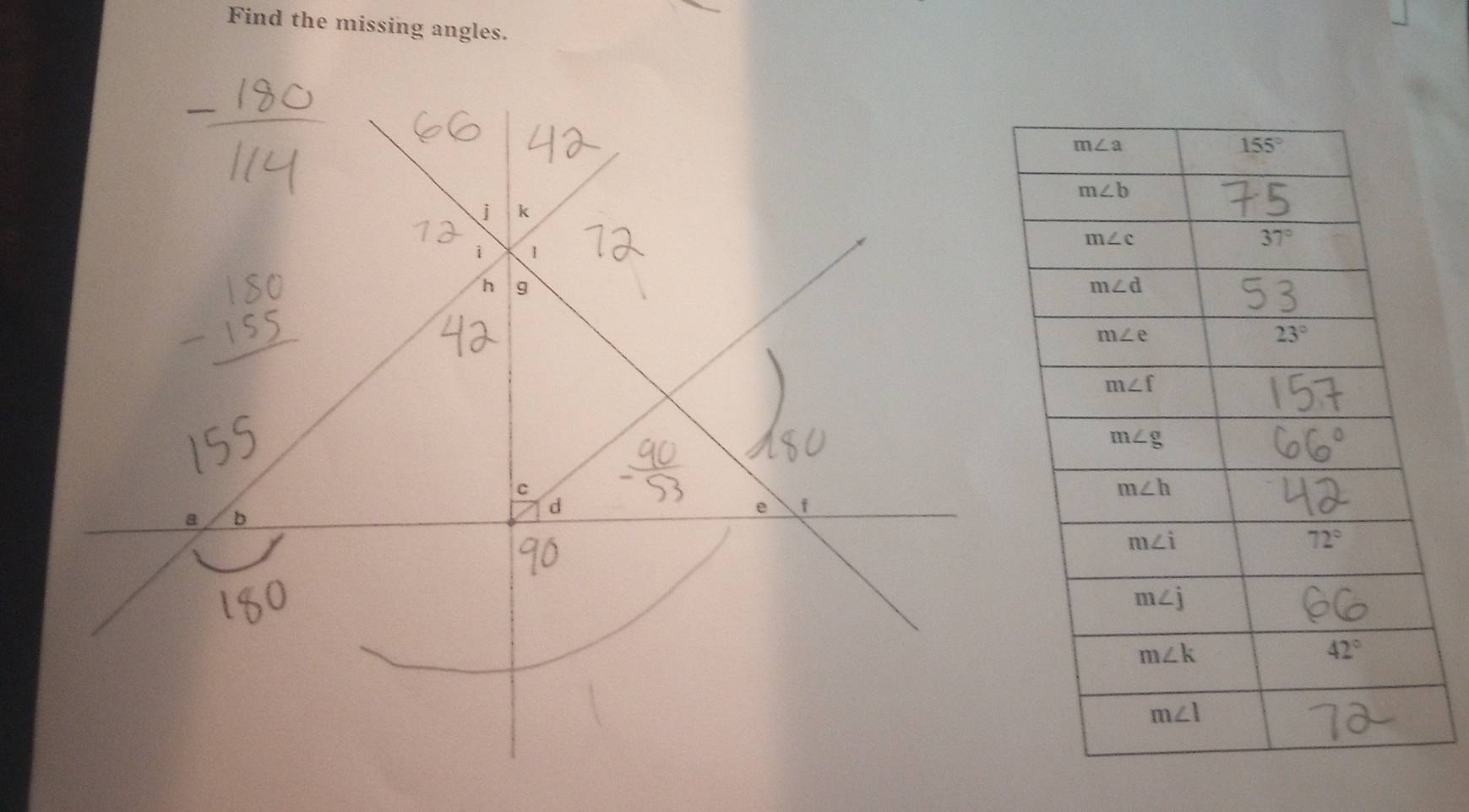 Find the missing angles.
k
1
g
c
d