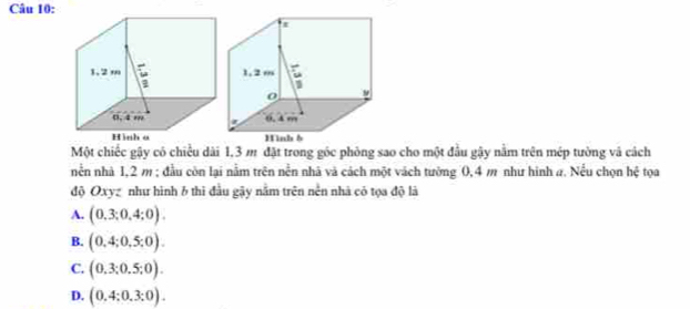 Một chiếc gậy có chiều dài 1,3 m đặt trong góc phòng sao cho một đầu gậy nằm trên mép tường và cách
nền nhà 1,2 m; đầu còn lại nằm trên nền nhà và cách một vách tưởng 0,4 m như hình a. Nếu chọn hệ tọa
độ Oxyz như hình b thì đầu gậy nằm trên nền nhà cỏ tọa độ là
A. (0.3;0.4;0).
B. (0,4;0,5;0).
C. (0.3;0.5;0).
D. (0.4:0.3:0).