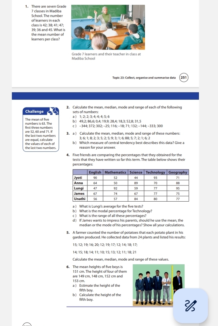 There are seven Grade
7 classes in Madiba
School. The number
of learners in each
class is 42; 38; 41; 47;
39; 36 and 45. What is
the mean number of
learners per class?
Grade 7 learners and their teacher in class at
Madiba School
Topic 23: Collect, organise and summarise data 251
2. Calculate the mean, median, mode and range of each of the following
Challenge sets of numbers:
The mean of five a ) 1; 2; 2; 3; 4; 4; 4; 5; 6
numbers is 63. The b ) 49,2; 86,6; 0,4; 19,9; 28,4; 18,3; 52,8; 31,5
first three numbers c ) -344; 372; 302; -25; 116; -18; 71; 132; -144; -333; 300
are 52, 60 and 71. If
the last two numbers 3. a ) Calculate the mean, median, mode and range of these numbers:
are equal, calculate 3; 6; 1; 8; 2; 3; 5; 2; 5; 9; 3; 1; 6; 88; 5; 7; 2; 1; 6; 2
the values of each of b ) Which measure of central tendency best describes this data? Give a
the last two numbers. reason for your answer.
4. Five friends are comparing the percentages that they obtained for the
tests that they have written so far this term. The table below shows their
percentages:
a ) What is Lungi's average for the five tests?
b ) What is the modal percentage for Technology?
c ) What is the range of all these percentages?
d ) If James wants to impress his parents, should he use the mean, the
median or the mode of his percentages? Show all your calculations.
5. A farmer counted the number of potatoes that each potato plant in his
garden produced. He collected data from 24 plants and listed his results:
15; 12; 19; 16; 20; 12; 19; 17; 12; 14; 18; 17;
14; 15; 18; 14; 11; 10; 15; 13; 12; 11; 18; 21
Calculate the mean, median, mode and range of these values.
6. The mean heights of five boys is
151 cm. The height of four of them
are 149 cm, 148 cm, 152 cm and
153 cm.
a ) Estimate the height of the
fifth boy.
b ) Calculate the height of the
fifth boy.
