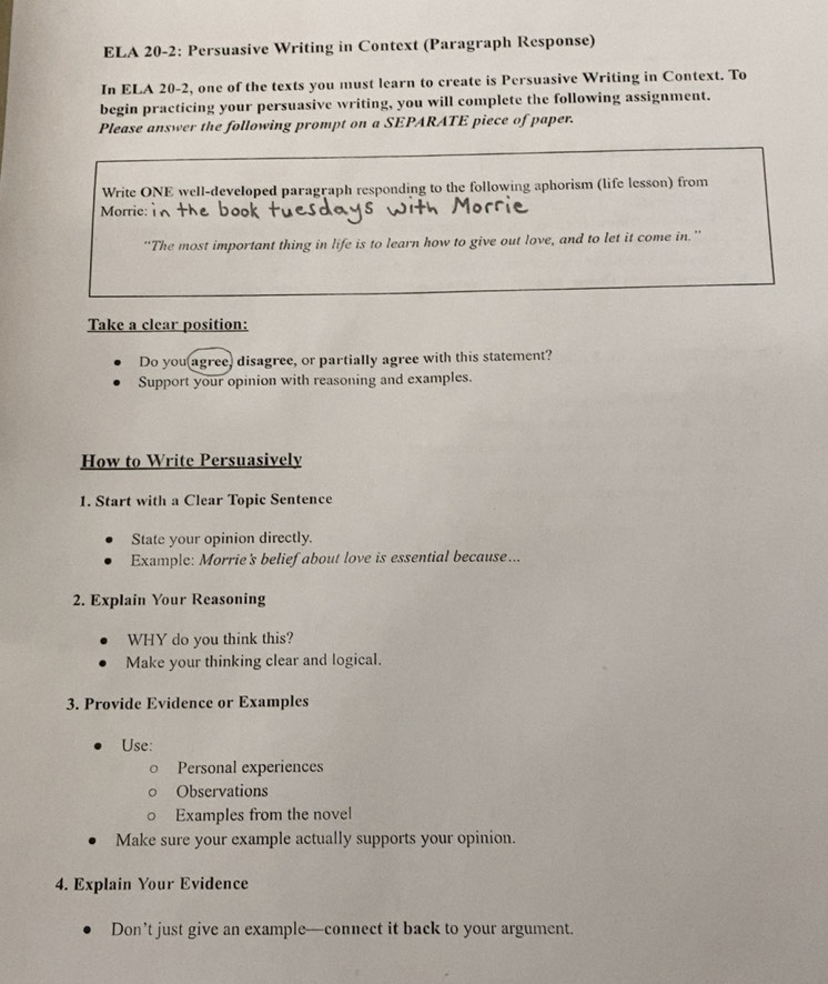 Solved: ELA 20-2: Persuasive Writing in Context (Paragraph Response) In ...