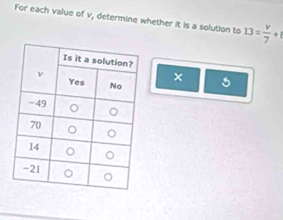 For each value of v, determine whether it is a solution to 13= v/7 +t