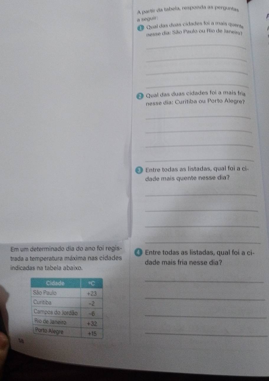 A partir da tabela, responda as perguntas 
a seguir: 
# Qual das duas cidades foi a mais quente 
nesse dia: São Paulo ou Rio de Janeiro? 
_ 
_ 
_ 
_ 
O Qual das duas cidades foi a mais fria 
nesse dia: Curitiba ou Porto Alegre? 
_ 
_ 
_ 
_ 
Entre todas as listadas, qual foi a ci 
dade mais quente nesse dia? 
_ 
_ 
_ 
_ 
Em um determinado dia do ano foi regis- 4 Entre todas as listadas, qual foi a ci- 
trada a temperatura máxima nas cidades dade mais fria nesse dia? 
indicadas na tabela abaixo. 
_ 
_ 
_ 
_ 
58