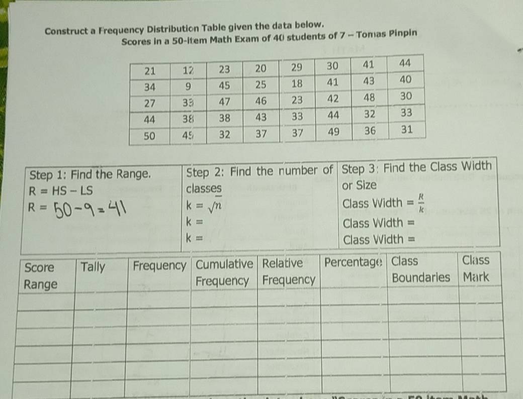 Construct a Frequency Distribution Table given the data below. 
Scores in a 50 -item Math Exam of 40 students of 7 - Tomas Pinpin 
Step 1: Find the Range. Step 2: Find the number of|Step 3: Find the Class Width
R=HS-LS classes or Size
R=
k=sqrt(n) Class Width = R/k 
k= Class Width =
k= Class Width =