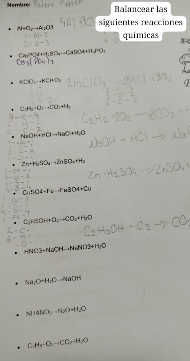 Nombre: Balancear las
Al+O_2to Al_2O3 siguientes reacciones
químicas
Ca_3PO_4+H_2SO_4to CaSO4+H_3PO_4
KClO_3to KCl+O_2
C_2H_2+O_2to CO_2+H_2
NaO H+HClto NaCl+H_2O
Zn+H_2SO_4to ZnSO_4+H_2
Cu SO4+Feto FeSO4+Cu
C_2H5OH+O_2to CO_2+H_2O
HNO3+NaOHto NaNO3+H_2O
Na_2O+H_2Oto NaOH
NH4NO_3to N_2O+H_2O
C_3H_8+O_2to CO_2+H_2O