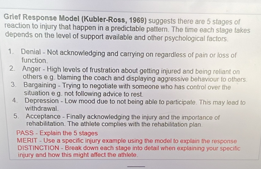 Grief Response Model (Kubler-Ross, 1969) suggests there are 5 stages of 
reaction to injury that happen in a predictable pattern. The time each stage takes 
depends on the level of support available and other psychological factors. 
1. Denial - Not acknowledging and carrying on regardless of pain or loss of 
function. 
2. Anger - High levels of frustration about getting injured and being reliant on 
others e.g. blaming the coach and displaying aggressive behaviour to others. 
3. Bargaining - Trying to negotiate with someone who has control over the 
situation e.g. not following advice to rest. 
4. Depression - Low mood due to not being able to participate. This may lead to 
withdrawal. 
5. Acceptance - Finally acknowledging the injury and the importance of 
rehabilitation. The athlete complies with the rehabilitation plan. 
PASS - Explain the 5 stages 
MERIT - Use a specific injury example using the model to explain the response 
DISTINCTION - Break down each stage into detail when explaining your specific 
injury and how this might affect the athlete. 
_