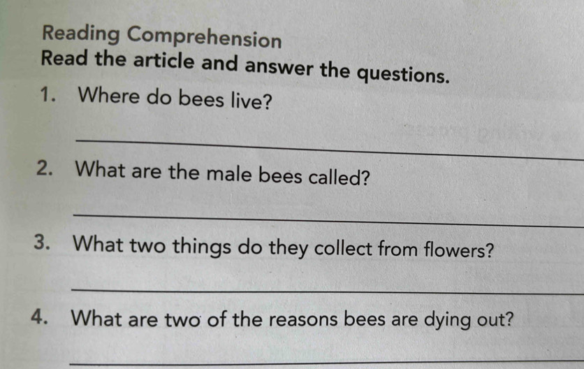 Reading Comprehension 
Read the article and answer the questions. 
1. Where do bees live? 
_ 
2. What are the male bees called? 
_ 
3. What two things do they collect from flowers? 
_ 
4. What are two of the reasons bees are dying out? 
_