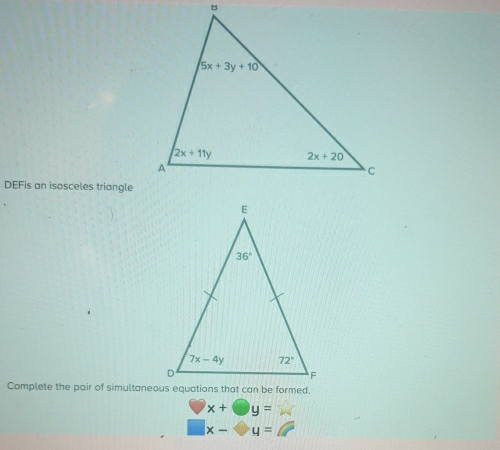 DEFis an isosceles triangle
Complete the pair of simultaneous equations that can be formed.
x+□ y=24
□ x-□ y=□