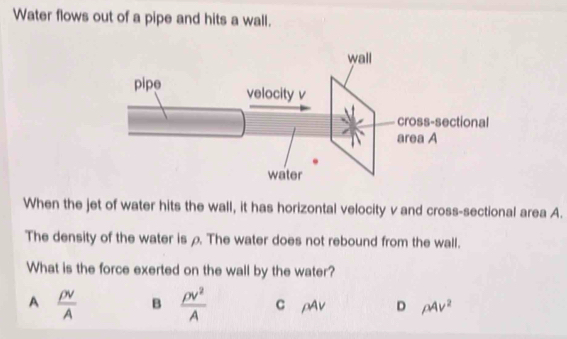 Water flows out of a pipe and hits a wall.
When the jet of water hits the wall, it has horizontal velocity v and cross-sectional area A.
The density of the water is ρ. The water does not rebound from the wall.
What is the force exerted on the wall by the water?
A  rho v/A  B  rho v^2/A  C pAv D rho 4v^2