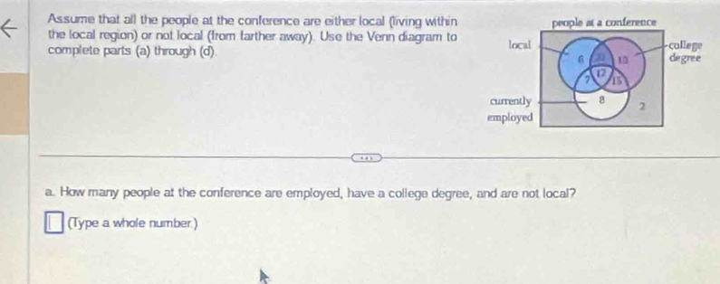 Assume that all the people at the conference are either local (living within people at a conference 
the local region) or not local (from farther away). Use the Venn diagram to college 
complete parts (a) through (d). local degree
6 10
12
a 1
currently a 2
employed 
a. How many people at the conference are employed, have a college degree, and are not local? 
(Type a whole number.)