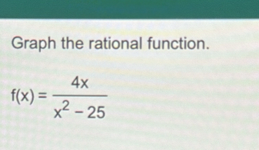 Graph the rational function.
f(x)= 4x/x^2-25 