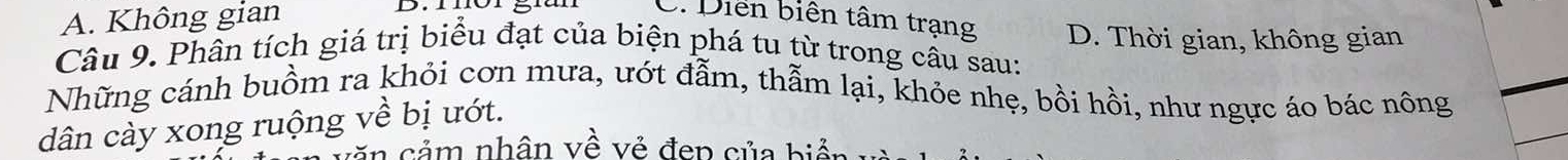 A. Không gian
C. Diễn biên tâm trạng D. Thời gian, không gian
Câu 9. Phân tích giá trị biểu đạt của biện phá tu từ trong câu sau:
Những cánh buồm ra khỏi cơn mưa, ướt đẫm, thẫm lại, khỏe nhẹ, bồi hồi, như ngực áo bác nông
dân cày xong ruộng về bị ướt.
ăn cảm nhân về vẻ đep của biản