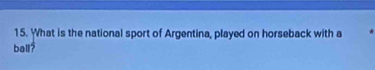 What is the national sport of Argentina, played on horseback with a * 
ball?