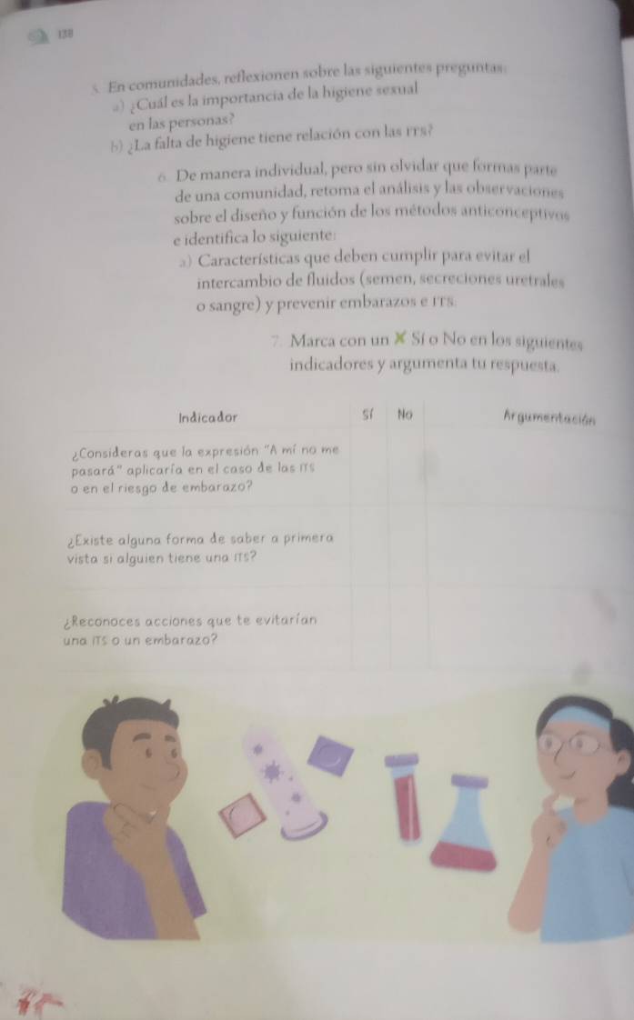 138
s. En comunidades, reflexionen sobre las siguientes preguntas.
#) ¿Cuál es la importancia de la higiene sexual
en las personas?
b) ¿La falta de higiene tiene relación con las rrs?
6 De manera individual, pero sin olvidar que formas parte
de una comunidad, retoma el análisis y las observaciones
sobre el diseño y función de los métodos anticonceptivos
e identifica lo siguiente:
a) Características que deben cumplir para evitar el
intercambio de fluidos (semen, secreciones uretrales
o sangre) y prevenir embarazos e rrs.
7. Marca con un X Sí o No en los siguientes
indicadores y argumenta tu respuesta.
Indicador sí No Argumentación
¿Consideras que la expresión "A mí no me
pasará" aplicaría en el caso de las Is
o en el riesgo de embarazo?
¿Existe alguna forma de saber a primera
vista si alguien tiene una iTs?
¿Reconoces acciones que te evitarían
una iTs o un embarazo?