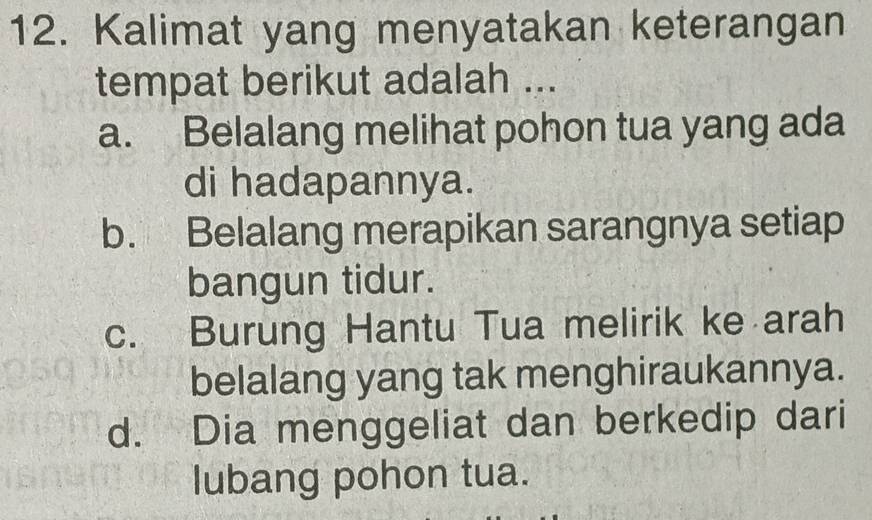 Kalimat yang menyatakan keterangan
tempat berikut adalah ...
a. Belalang melihat pohon tua yang ada
di hadapannya.
b. Belalang merapikan sarangnya setiap
bangun tidur.
c. Burung Hantu Tua melirik ke arah
belalang yang tak menghiraukannya.
d. Dia menggeliat dan berkedip dari
lubang pohon tua.