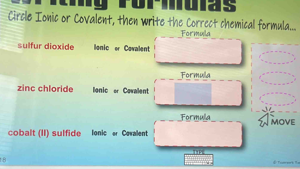 as
Circle Ionic or Covalent, then write the Correct chemical formula...
Formula
sulfur dioxide Ionic or Covalent
Formula
zinc chloride Ionic or Covalent
Formula
cobalt (II) sulfide Ionic or Covalent
TYPE
18
Teamwork To