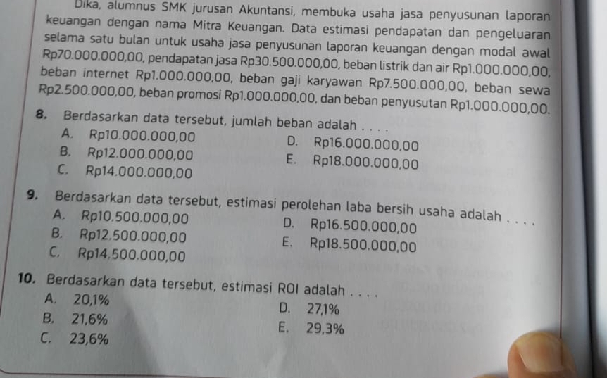 Dika, alumnus SMK jurusan Akuntansi, membuka usaha jasa penyusunan laporan
keuangan dengan nama Mitra Keuangan. Data estimasi pendapatan dan pengeluaran
selama satu bulan untuk usaha jasa penyusunan laporan keuangan dengan modal awal
Rp70.000.000,00, pendapatan jasa Rp30.500.000,00, beban listrik dan air Rp1.000.000,00,
beban internet Rp1.000.000,00, beban gaji karyawan Rp7.500.000,00, beban sewa
Rp2.500.000,00, beban promosi Rp1.000.000,00, dan beban penyusutan Rp1.000.000,00.
8. Berdasarkan data tersebut, jumlah beban adalah . . . .
A. Rp10.000.000,00 D. Rp16.000.000,00
B. Rp12.000.000,00 E. Rp18.000.000,00
C. Rp14.000.000,00
9. Berdasarkan data tersebut, estimasi perolehan laba bersih usaha adalah . . . .
A. Rp10.500.000,00 D. Rp16.500.000,00
B. Rp12.500.000,00 E. Rp18.500.000,00
C. Rp14.500.000,00
10. Berdasarkan data tersebut, estimasi ROI adalah . . . .
A. 20,1% D. 27,1%
B. 21,6% E. 29,3%
C. 23,6%