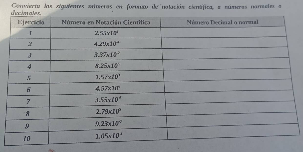 Convierta los siguientes números en formato de notación científica, a números normales o