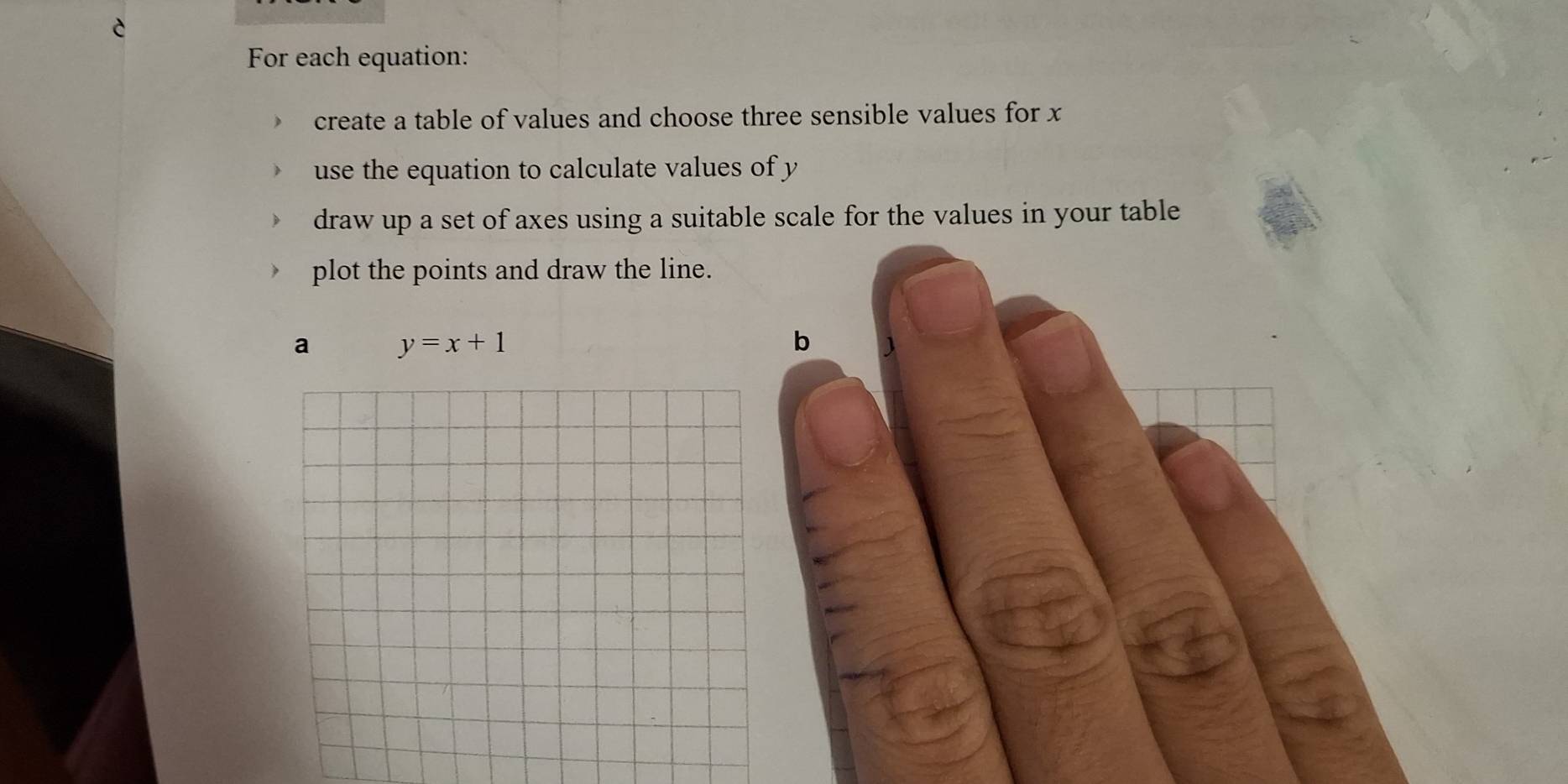 è 
For each equation: 
create a table of values and choose three sensible values for x
use the equation to calculate values of y
draw up a set of axes using a suitable scale for the values in your table 
plot the points and draw the line. 
a y=x+1
b