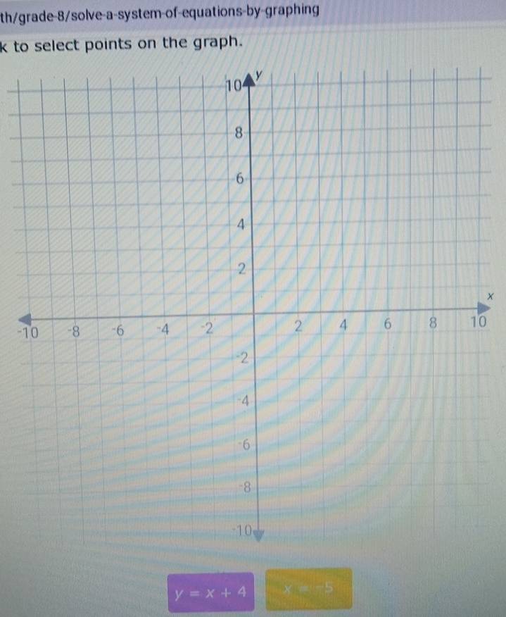 th/grade-8/solve-a-system-of-equations-by-graphing 
k to select points on the graph.
x
-10
y=x+4 x=_ ^