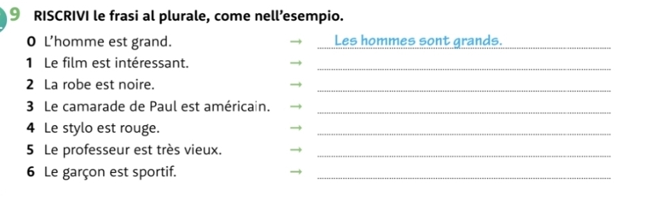 RISCRIVI le frasi al plurale, come nell’esempio. 
0 L'homme est grand. Les hommes sont grands._ 
1 Le film est intéressant._ 
2 La robe est noire. 
_ 
3 Le camarade de Paul est américain._ 
4 Le stylo est rouge. 
_ 
5 Le professeur est très vieux._ 
6 Le garçon est sportif. 
_