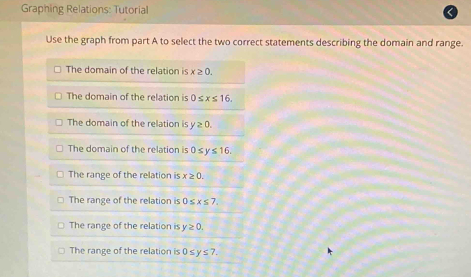 Graphing Relations: Tutorial
Use the graph from part A to select the two correct statements describing the domain and range.
The domain of the relation is x≥ 0. 
The domain of the relation is 0≤ x≤ 16.
The domain of the relation is y≥ 0.
The domain of the relation is 0≤ y≤ 16.
The range of the relation is x≥ 0.
The range of the relation is 0≤ x≤ 7.
The range of the relation is y≥ 0.
The range of the relation is 0≤ y≤ 7.