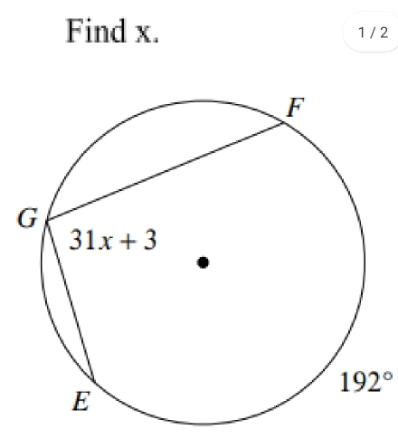 Find x. 1 / 2
192°