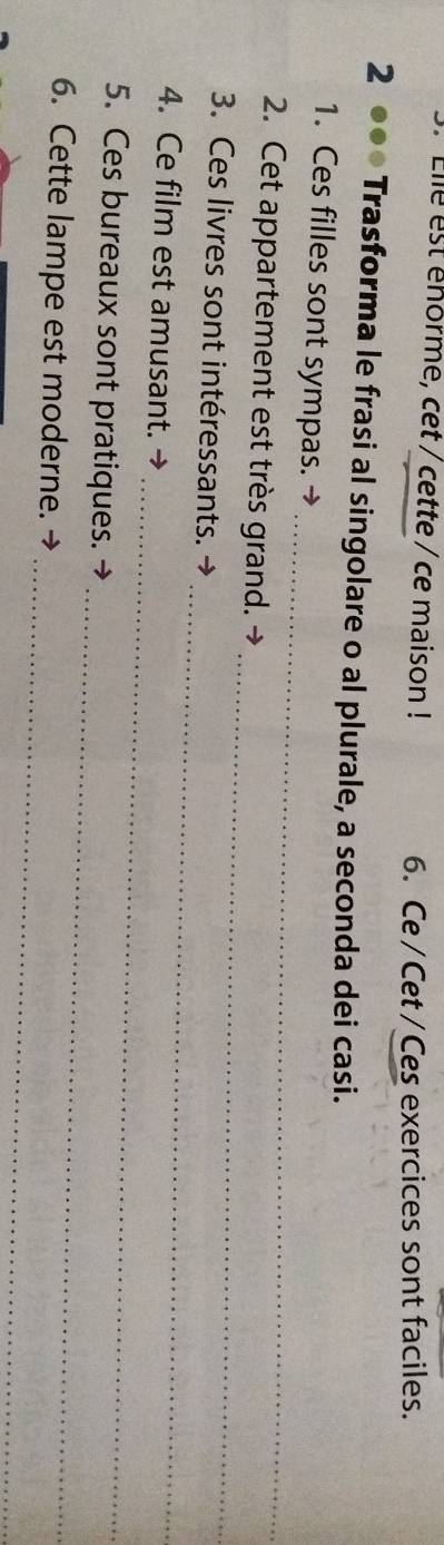 Elle est éhorme, cet / cette / ce maison ! 
6. Ce / Cet/Ces exercices sont faciles. 
2 ●●● Trasforma le frasi al singolare o al plurale, a seconda dei casi. 
_ 
1. Ces filles sont sympas.→ 
2. Cet appartement est très grand. → 
_ 
3. Ces livres sont intéressants. → 
_ 
_ 
4. Ce film est amusant. → 
_ 
5. Ces bureaux sont pratiques. 
_ 
6. Cette lampe est moderne.