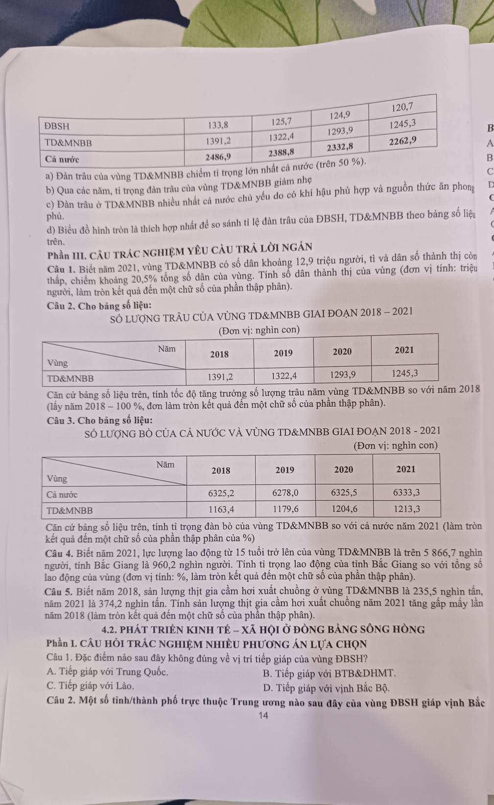 A
a) Đàn trâu của vùng TD&MNBB chiếm tỉ trọng B
C
b) Qua các năm, tỉ trọng đàn trâu của vùng TD&MNBB giảm nhẹ
c) Đàn trâu ở TD&MNBB nhiều nhất cả nước chủ yếu do có khí hậu phù hợp và nguồn thức ăn phong D
phú.
d) Biều đồ hình tròn là thích hợp nhất để so sánh tỉ lệ đàn trâu của ĐBSH, TD&MNBB theo bảng số liệu
trên.
Phần III. CÂU TRÁC NGHIỆM YÊU CÀU TRẢ LỜI NGÁN
Câu 1. Biết năm 2021, vùng TD&MNBB có số dân khoảng 12,9 triệu người, tì và dân số thành thị còn
thấp, chiếm khoảng 20,5% tổng số dân của vùng. Tính số dân thành thị của vùng (đơn vị tính: triệu
người, làm tròn kết quả đến một chữ số của phần thập phân).
Câu 2. Cho băng số liệu:
SÓ LUợNG TRÂU CỦA VỦNG TD&MNBB GIAI ĐOẠN 2018 - 2021
n vị: nghìn con)
Căn cử bảng số liệu trên, tính tốc độ tăng trưởng số lượng trâu năm vùng TD&MNBB8
(lầy năm 2018 - 100 %, đơn làm tròn kết quả đến một chữ số của phần thập phân).
Câu 3. Cho bảng số liệu:
SÓ LƯợNG BÒ CỦA CẢ NƯỚC VÀ VỦNG TD&MNBB GIAI ĐOẠN 2018 - 2021
(Đơn vị: nghìn con)
Căn cứ bảng số liệu trện, tính tỉ trọng đàn bò của vùng TD&MNBB so với cả nước năm 2021 (làm tròn
kết quả đến một chữ số của phần thập phân của %)
Câu 4. Biết năm 2021, lực lượng lao động từ 15 tuổi trở lên của vùng TD&MNBB là trên 5 866,7 nghìn
người, tỉnh Bắc Giang là 960,2 nghìn người. Tính tỉ trọng lao động của tỉnh Bắc Giang so với tổng số
lao động của vùng (đơn vị tính: %, làm tròn kết quả đến một chữ số của phần thập phân).
Câu 5. Biết năm 2018, sản lượng thịt gia cầm hơi xuất chuồng ở vùng TD&MNBB là 235,5 nghìn tần,
năm 2021 là 374,2 nghìn tấn. Tính sản lượng thịt gia cầm hơi xuất chuồng năm 2021 tăng gấp mấy lần
năm 2018 (làm tròn kết quả đến một chữ số của phần thập phân).
4.2. pháT tRIẻN KINH TÉ - Xã hội ở đÒnG bảnG sÔnG hÒng
Phần I. CâU HỏI TRÁC NGHIỆM NHIÈU PHươNG ÁN Lựa ChọN
Câu 1. Đặc điểm nào sau đây không đúng về vị trí tiếp giáp của vùng ĐBSH?
A. Tiếp giáp với Trung Quốc. B. Tiếp giáp với BTB&DHMT.
C. Tiếp giáp với Lào. D. Tiếp giáp với vịnh Bắc Bộ.
Câu 2. Một số tỉnh/thành phố trực thuộc Trung ương nào sau đây của vùng ĐBSH giáp vịnh Bắc
14