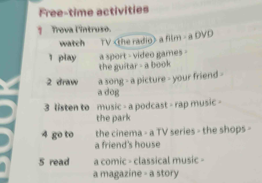 Free-time activities 
* Trova l'intruso. 
watch TV a film - a DVD 
1 play a sport - video games - 
the guitar - a book 
2 draw a song - a picture - your friend - 
a dog 
3 listen to music - a podcast - rap music - 
the park 
4 go to the cinema > a TV series > the shops - 
a friend's house 
5 read a comic - classical music - 
a magazine - a story