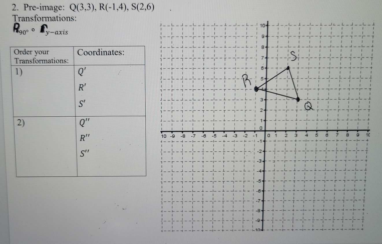 Pre-image: Q(3,3),R(-1,4),S(2,6)
Transformations:
R_90°circ hat y-axis