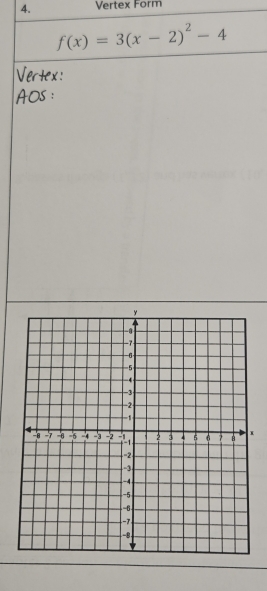 Vertex Form
f(x)=3(x-2)^2-4
Vertex 
AOS:
