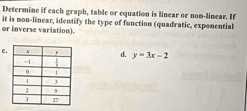 Determine if each graph, table or equation is linear or non-linear. If
it is non-linear, identify the type of function (quadratic, exponential
or inverse variation).
c. d. y=3x-2