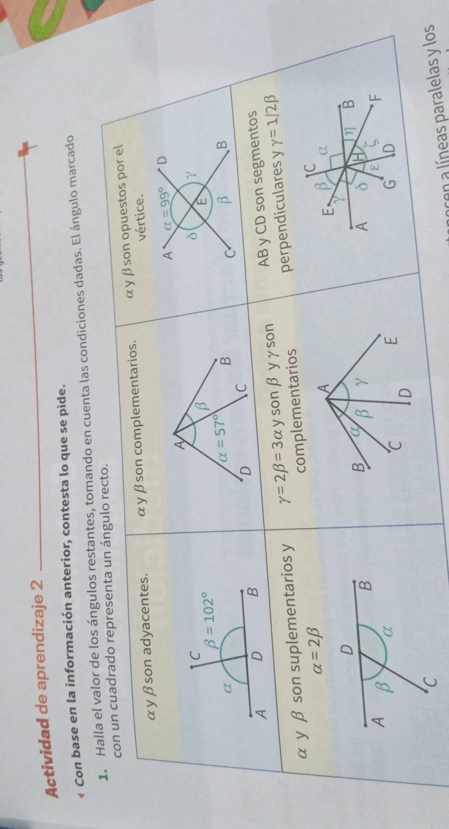 Actividad de aprendizaje 2
« Con base en la información anterior, contesta lo que se pide.
e los ángulos restantes, tomando en cuenta las condiciones dadas. El ángulo marcado
cen a líneas paralelas y