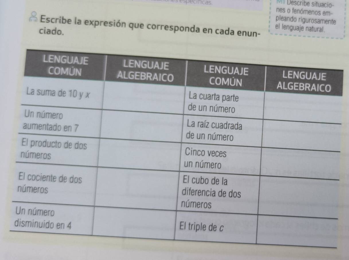 es espécincas, MT Describe situacio- 
nes o fenómenos em- 
pleando rigurosamente 
Escribe la expresión que corresponda en cada enun- 
ciado. 
el lenguaje natural.