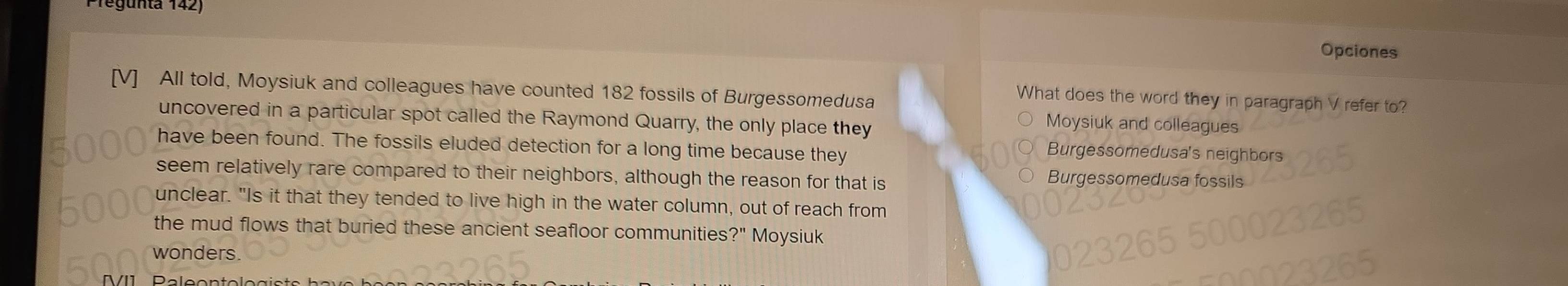 Opciones
[V] All told, Moysiuk and colleagues have counted 182 fossils of Burgessomedusa
What does the word they in paragraph V refer to?
uncovered in a particular spot called the Raymond Quarry, the only place they
Moysiuk and colleagues
have been found. The fossils eluded detection for a long time because they
Burgessomedusa's neighbors
seem relatively rare compared to their neighbors, although the reason for that is Burgessomedusa fossils
unclear. "Is it that they tended to live high in the water column, out of reach from
the mud flows that buried these ancient seafloor communities ?'' Moysiuk
wonders
