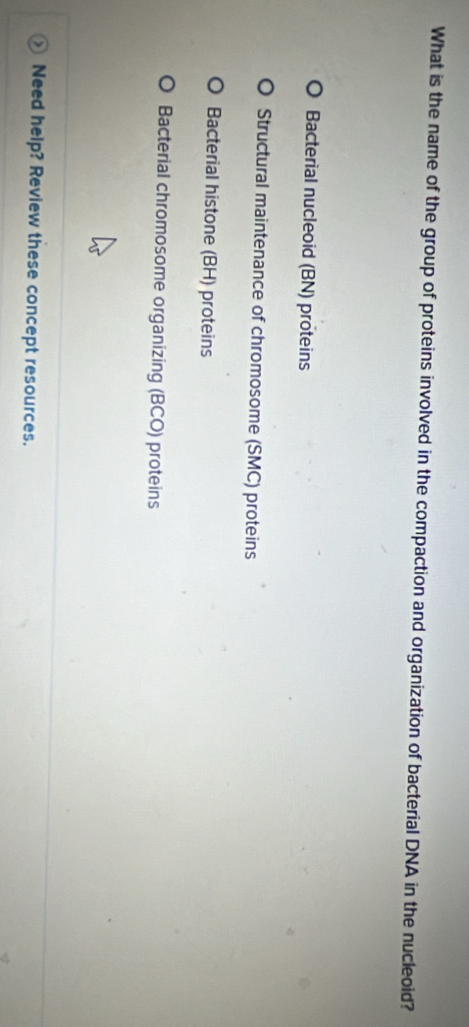What is the name of the group of proteins involved in the compaction and organization of bacterial DNA in the nucleoid?
Bacterial nucleoid (BN) proteins
Structural maintenance of chromosome (SMC) proteins
Bacterial histone (BH) proteins
Bacterial chromosome organizing (BCO) proteins
) Need help? Review these concept resources.
