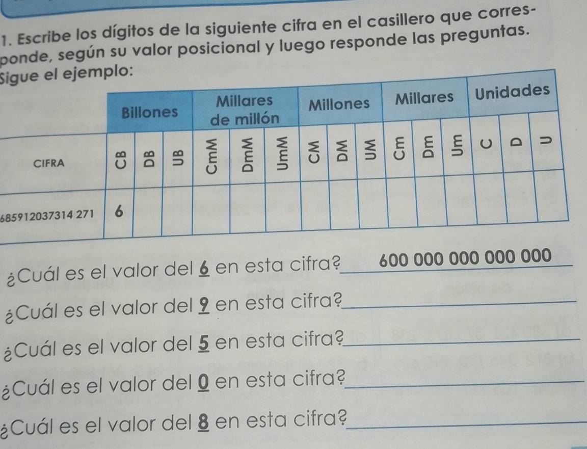 Escribe los dígitos de la siguiente cifra en el casillero que corres- 
ponde, según su valor posicional y luego responde las preguntas. 
Si
68
¿Cuál es el valor del § en esta cifra? 600 000 000 000 000
¿Cuál es el valor del 9 en esta cifra?_ 
¿Cuál es el valor del 5 en esta cifra?_ 
¿Cuál es el valor del 9 en esta cifra?_ 
¿Cuál es el valor del 8 en esta cifra?_