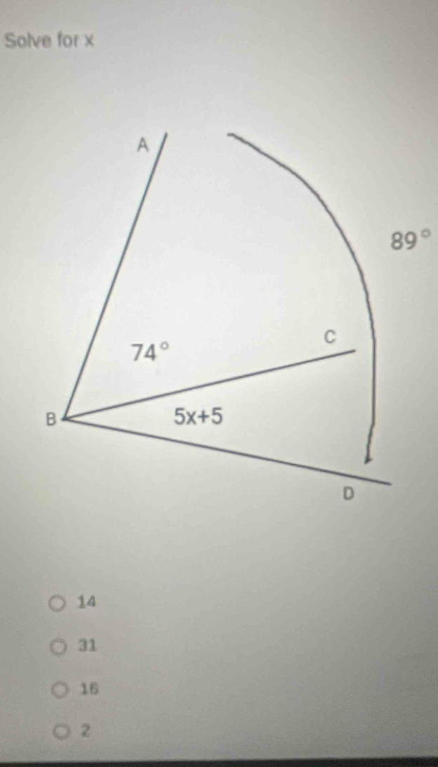 Solve for x
89°
14
31
16
2