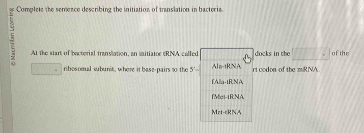 Complete the sentence describing the initiation of translation in bacteria.

At the start of bacterial translation, an initiator tRNA called docks in the □ of the
ribosomal subunit, where it base-pairs to the 5'- Ala-tRNA rt codon of the mRNA.
fAla-tRNA
fMet-tRNA
Met-tRNA