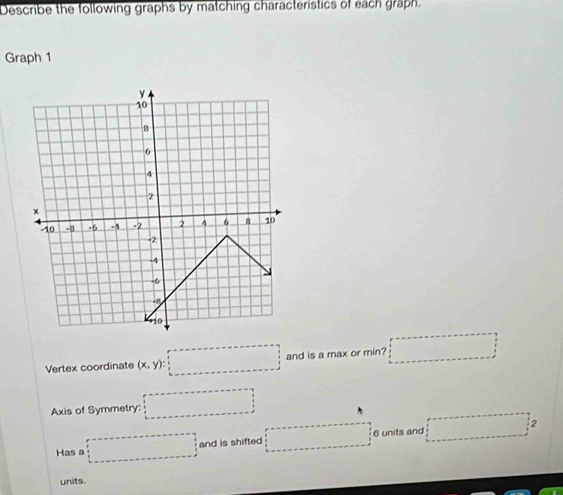 Describe the following graphs by matching characteristics of each graph. 
Graph 1 
Vertex coordinate (x,y):□ and is a max or min? □ 
Axis of Symmetry: □ 
Has a □ and is shifted □ 6 units and □°
units.