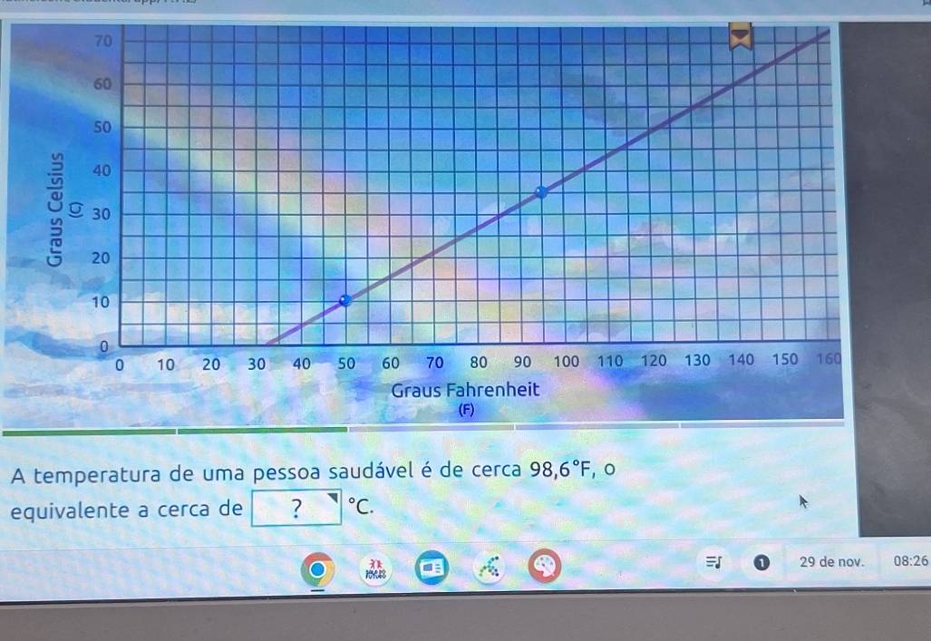 A temperatura de uma pessoa saudável é de cerca 98,6°F ， 。 
equivalente a cerca de ? ^circ C.
29 de nov. 08:26
10448