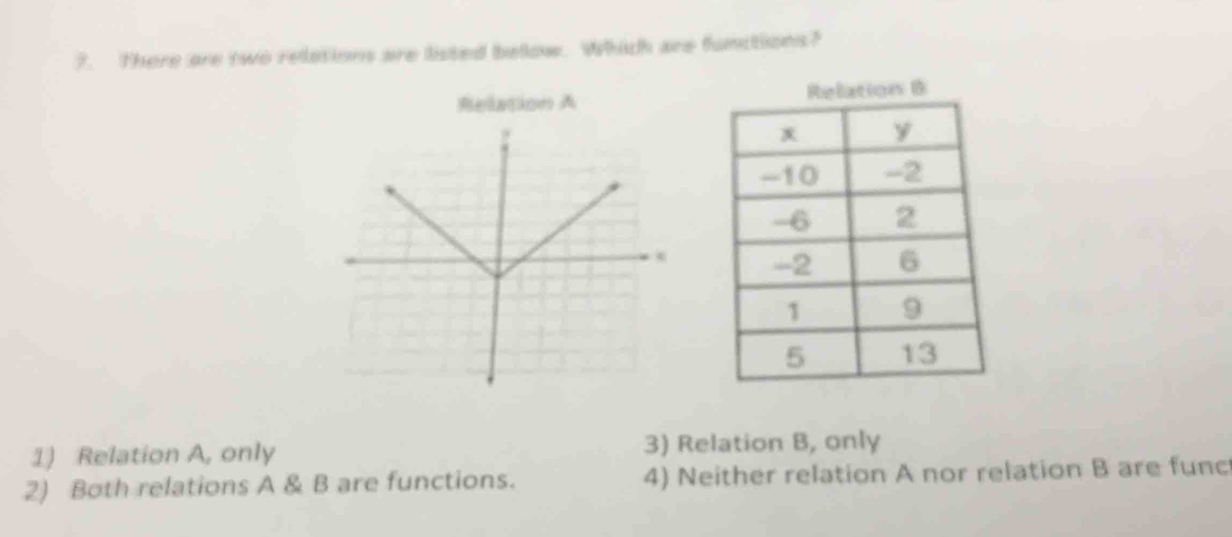 There are two reletions are listed below. Which are functions?
Relation A
1) Relation A, only 3) Relation B, only
2) Both relations A & B are functions. 4) Neither relation A nor relation B are func