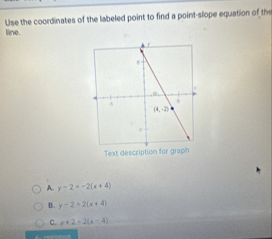 Use the coordinates of the labeled point to find a point-slope equation of the
line.
Text description for graph
A. y-2=-2(x+4)
B. y-2=2(x+4)
C. y+2=2(x-4)