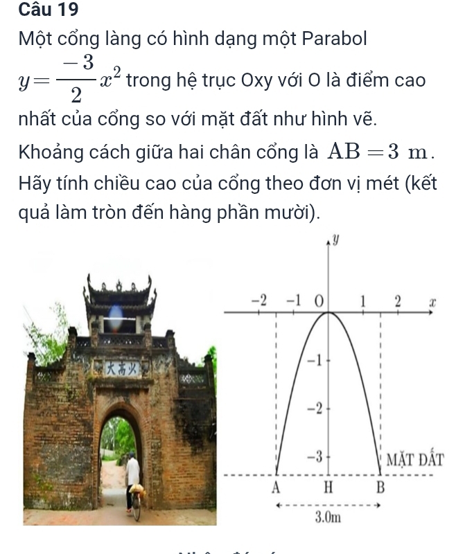 Một cổng làng có hình dạng một Parabol
y= (-3)/2 x^2 trong hệ trục Oxy với O là điểm cao 
nhất của cổng so với mặt đất như hình vẽ. 
Khoảng cách giữa hai chân cổng là AB=3m. 
Hãy tính chiều cao của cổng theo đơn vị mét (kết 
quả làm tròn đến hàng phần mười). 
t