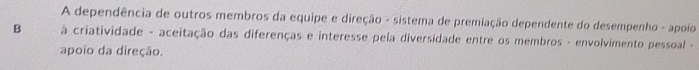 A dependência de outros membros da equipe e direção - sistema de premiação dependente do desempenho - apoio 
B à criatividade - aceitação das diferenças e interesse pela diversidade entre os membros - envolvimento pessoal - 
apoio da direção.