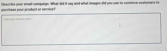 Describe your email campaign. What did it say and what images did you use to convince customers to 
purchase your product or service? 
Type your answer here...