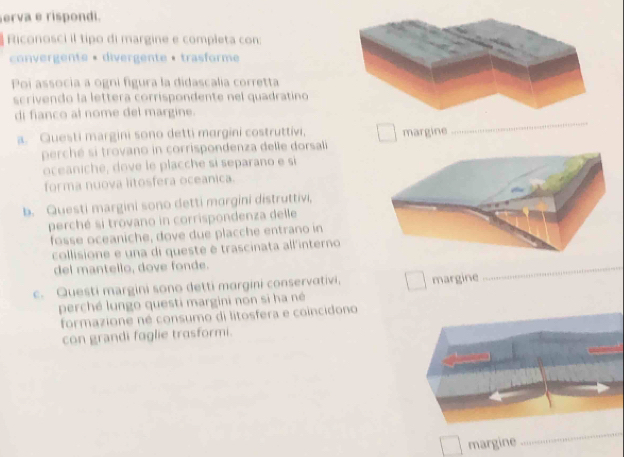 erva e rispondi.
Riconosci il tipo di margine e completa con:
convergente • divergente • trasforme
Poi associa a ogni figura la didascalia corretta
scrivendo la lettera corrispondente nel quadratino
_
di fianco al nome del margine.
a. Questi margini sono detti margini costruttivi, margine
perché si trovano in corrispondenza delle dorsali
oceaniche, dove le placche si separano e si
forma nuova litosfera oceanica.
b. Questi margini sono detti morgini distruttivi,
perché si trovano in corrispondenza delle
fosse oceaniche, dove due placche entrano in
_
collisione e una di queste é trascinata all'interno
del mantello, dove fonde.
c. Questi margini sono detti margini conservativi, margine
perché lungo questi margini non si ha né
formazione né consumo di litosfera e coincidono
con grandi faglie trasformi.
margine
_