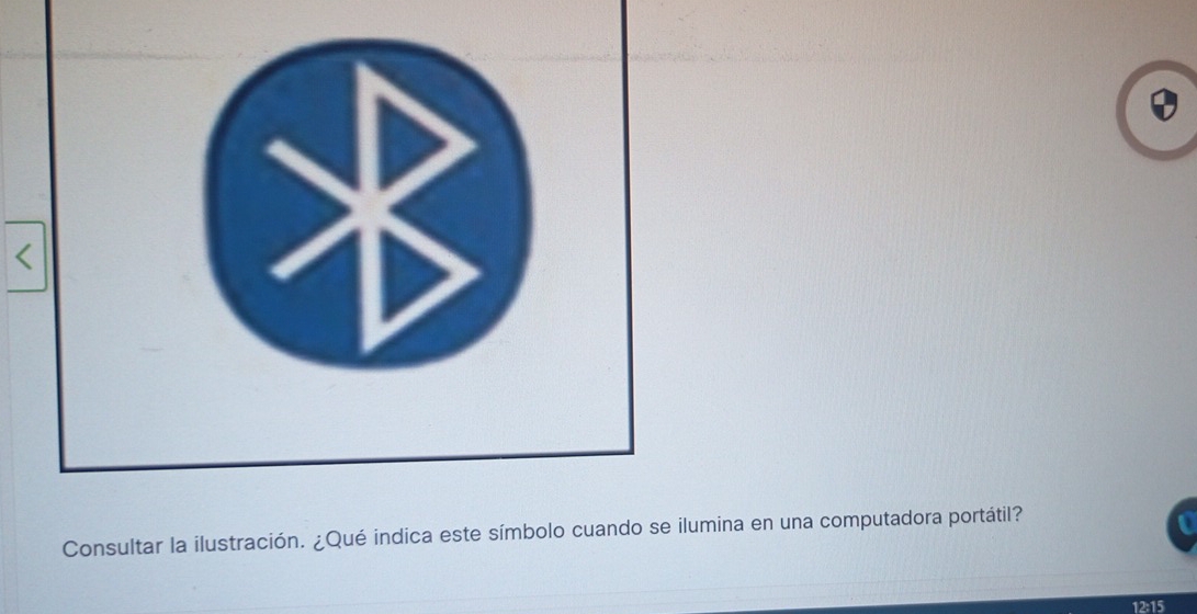 Consultar la ilustración. ¿Qué indica este símbolo cuando se ilumina en una computadora portátil? 
12:15