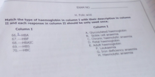 EXAM 10
_
M. Folie acid
Match the type of haemoglobin in column I with their description in column
II and each response in column II should be only used once.
Column I Column I
A. Glycosvlated haemoglctin
66. Ahiba
B. Sickle cell anaemia C. Chronic haemolySic anaemía
67.---HBF
68. —HIBAI/C
D. Fetal haemoglobin
69. —HBIS
E. Adult haemoglobín
70. —HIBIC F. Leukaemía
G. Iron deficiency anaemia
H. Haemolytic anaemia